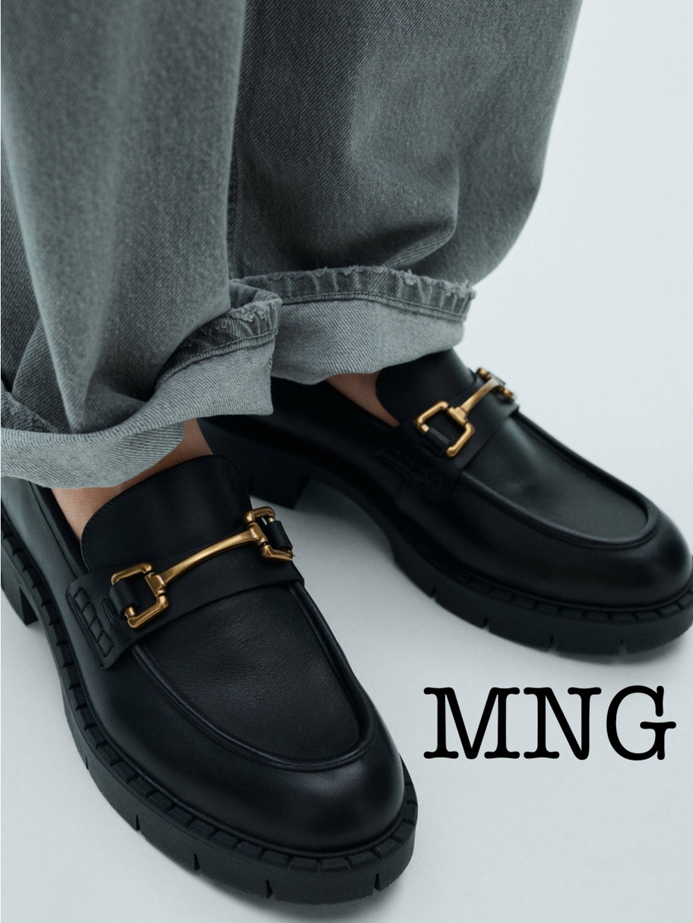 Mango Black Leather Loafers with Gold Horsebit Size 38